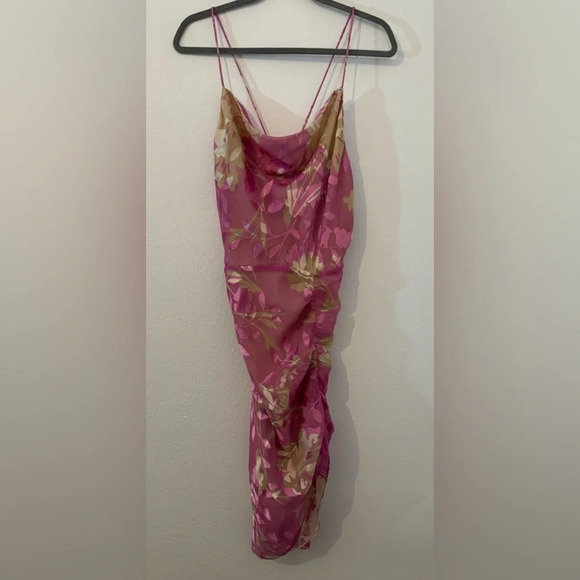 SAMSOE Dresses & Skirts - Samsoe Samsoe Pink Kirigami Floral Dapples Ruched Satin Burnout Dress NWT Large